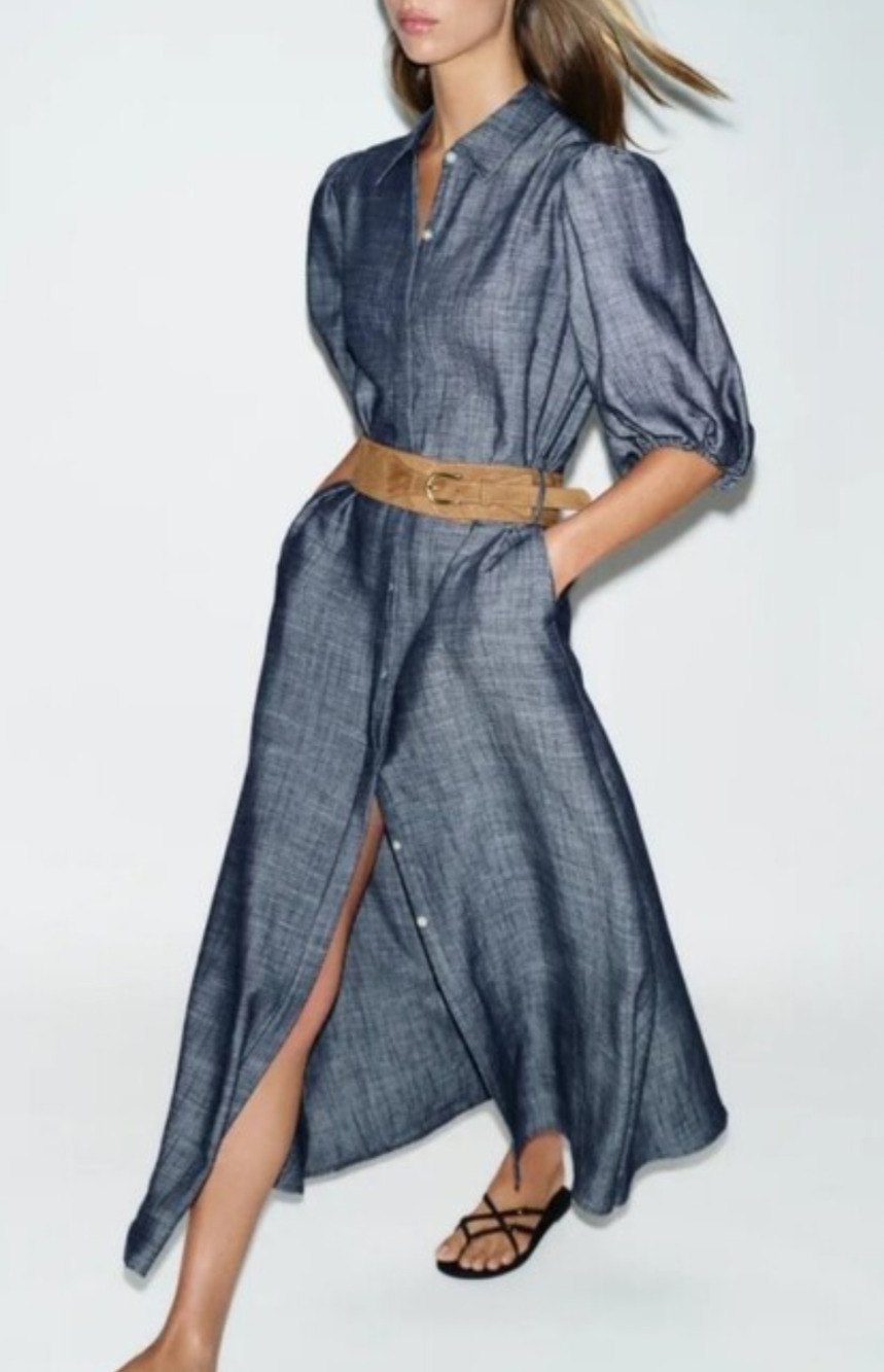 New Zara puff sleeve blue chambray belted shirt dress Size M Preppy Classic